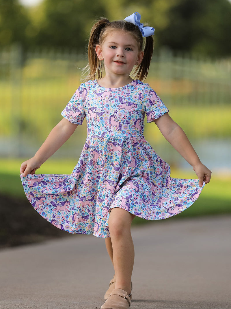 Unicorn Floral Print Girls Short Sleeve Twirl Dress - 2