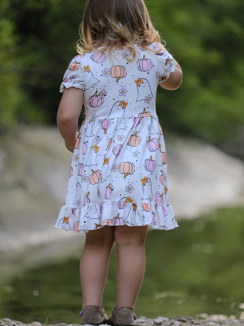 Halloween Pumpkin Ghost Print Cute Girls Dress - 6