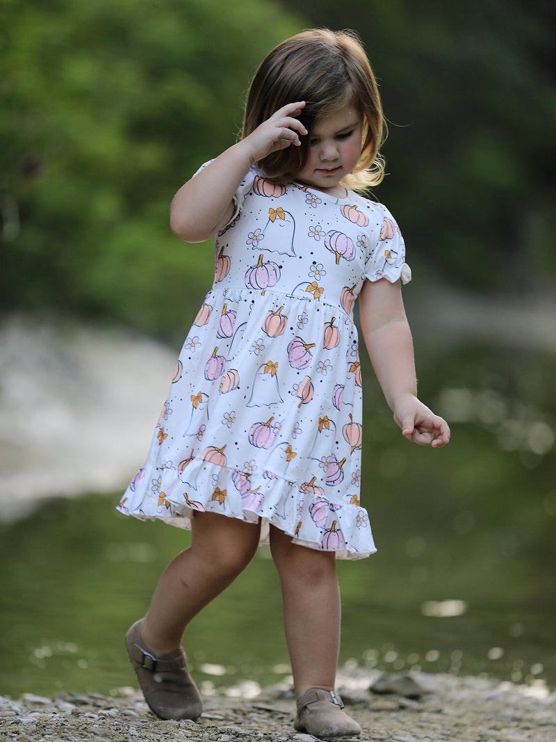 Halloween Pumpkin Ghost Print Cute Girls Dress - 5