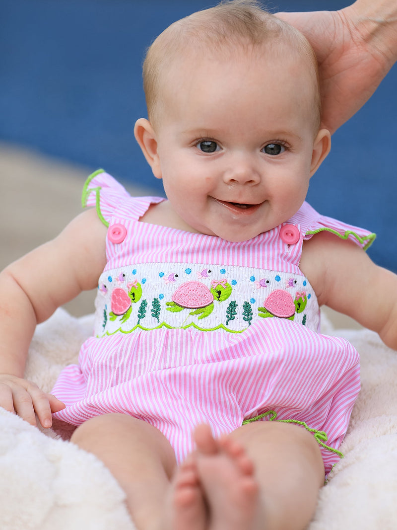 Turtle Girls Romper Pink Stripe Ruffle Strap Smocked - 3