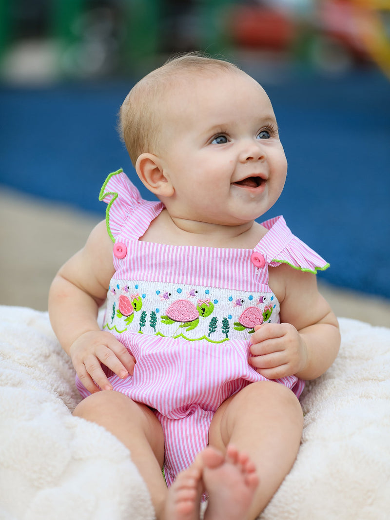 Turtle Girls Romper Pink Stripe Ruffle Strap Smocked - 2