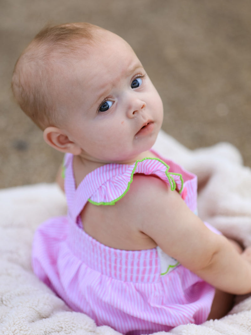 Turtle Girls Romper Pink Stripe Ruffle Strap Smocked - 4