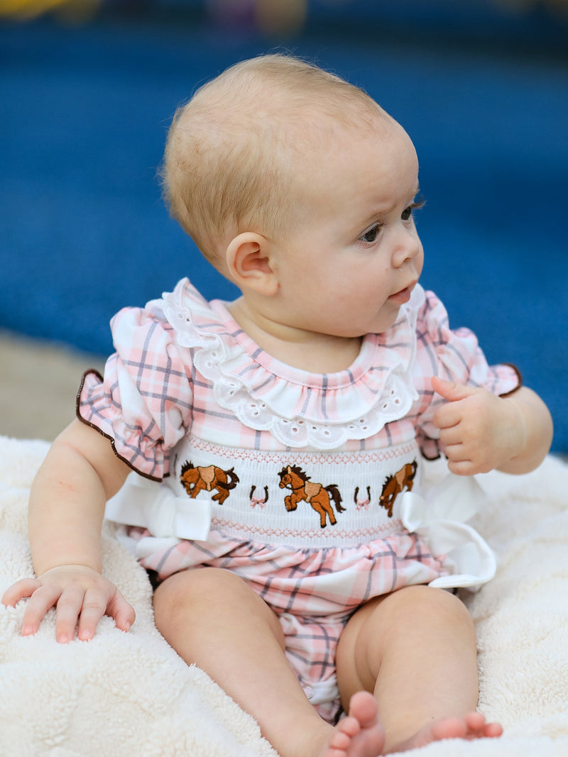 Western Horse Embroidered Smocked Plaid Baby Girl Romper - 1