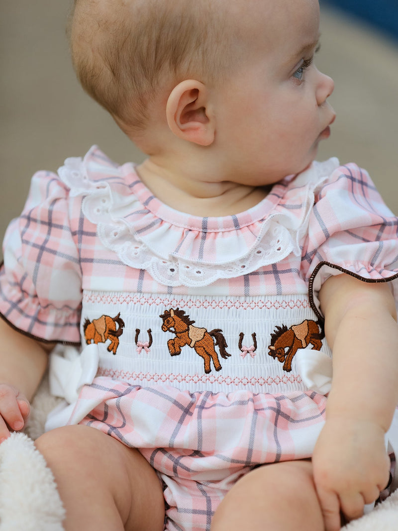 Western Horse Embroidered Smocked Plaid Baby Girl Romper - 2
