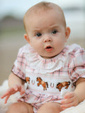 Western Horse Embroidered Smocked Plaid Baby Girl Romper - 3