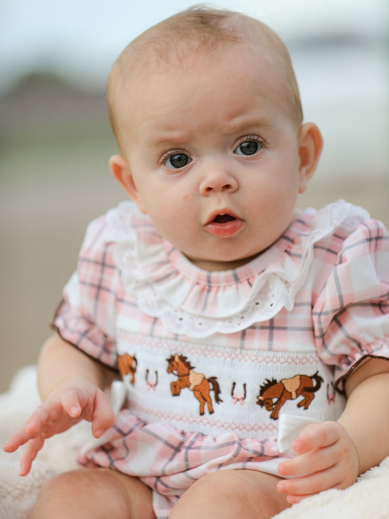 Western Horse Embroidered Smocked Plaid Baby Girl Romper - 3