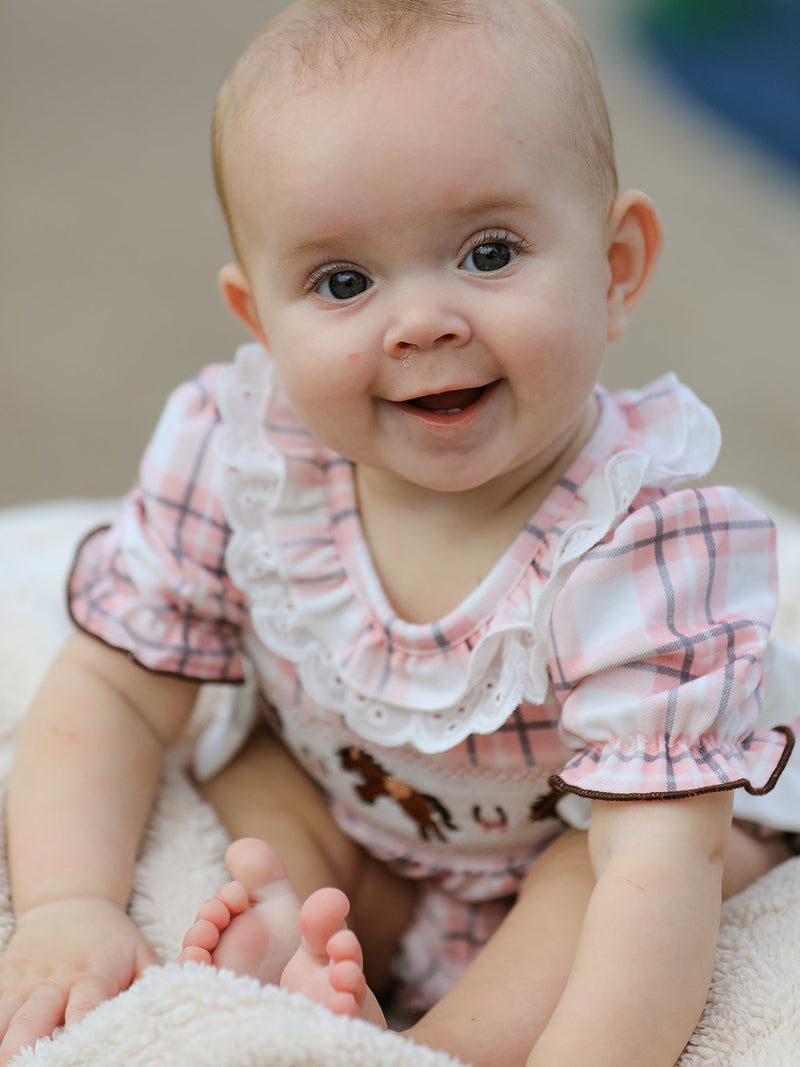 Western Horse Embroidered Smocked Plaid Baby Girl Romper - 4