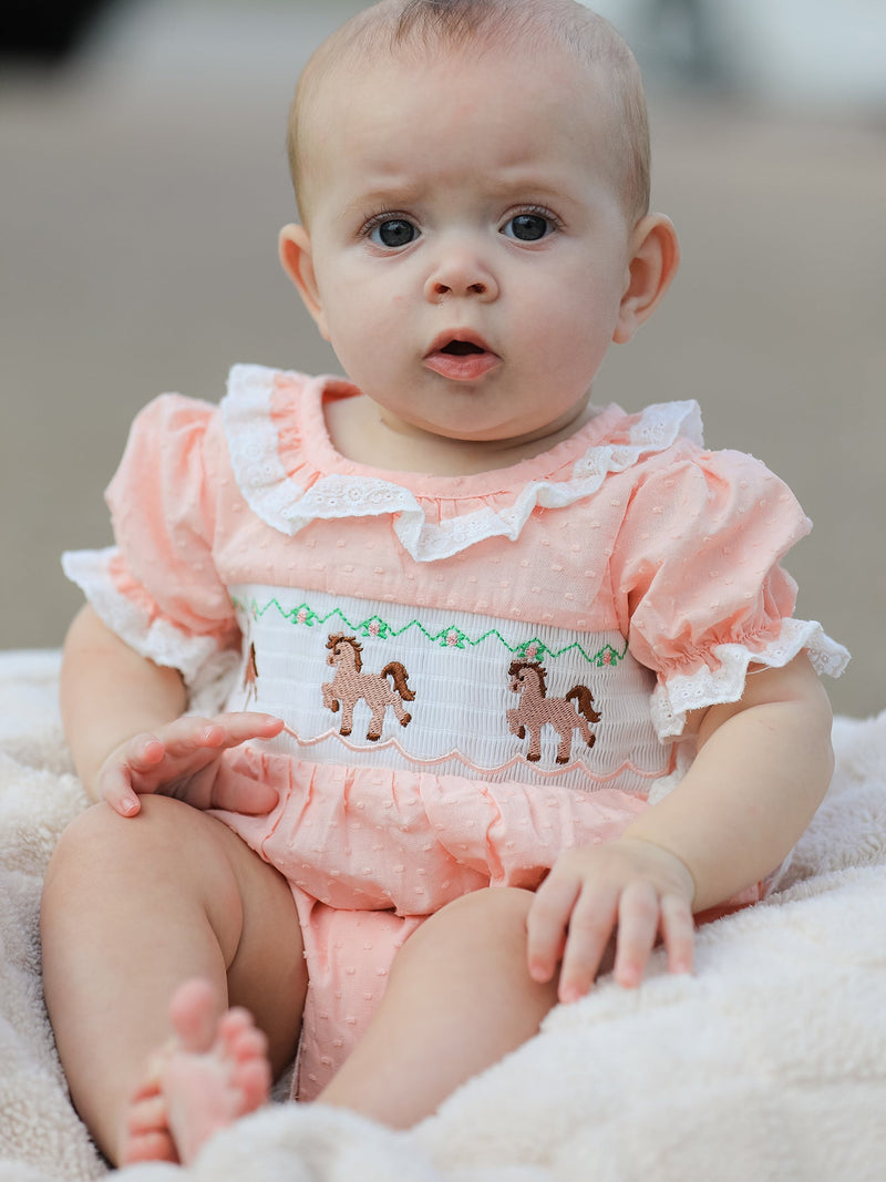 Western Horse Embroidery Girls Romper Lace Petals Collar Puff Sleeve - 5