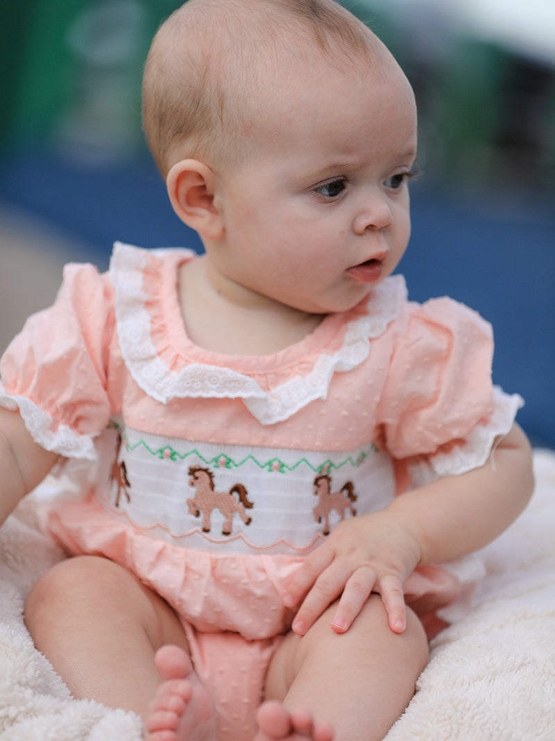 Western Horse Embroidery Girls Romper Lace Petals Collar Puff Sleeve - 1