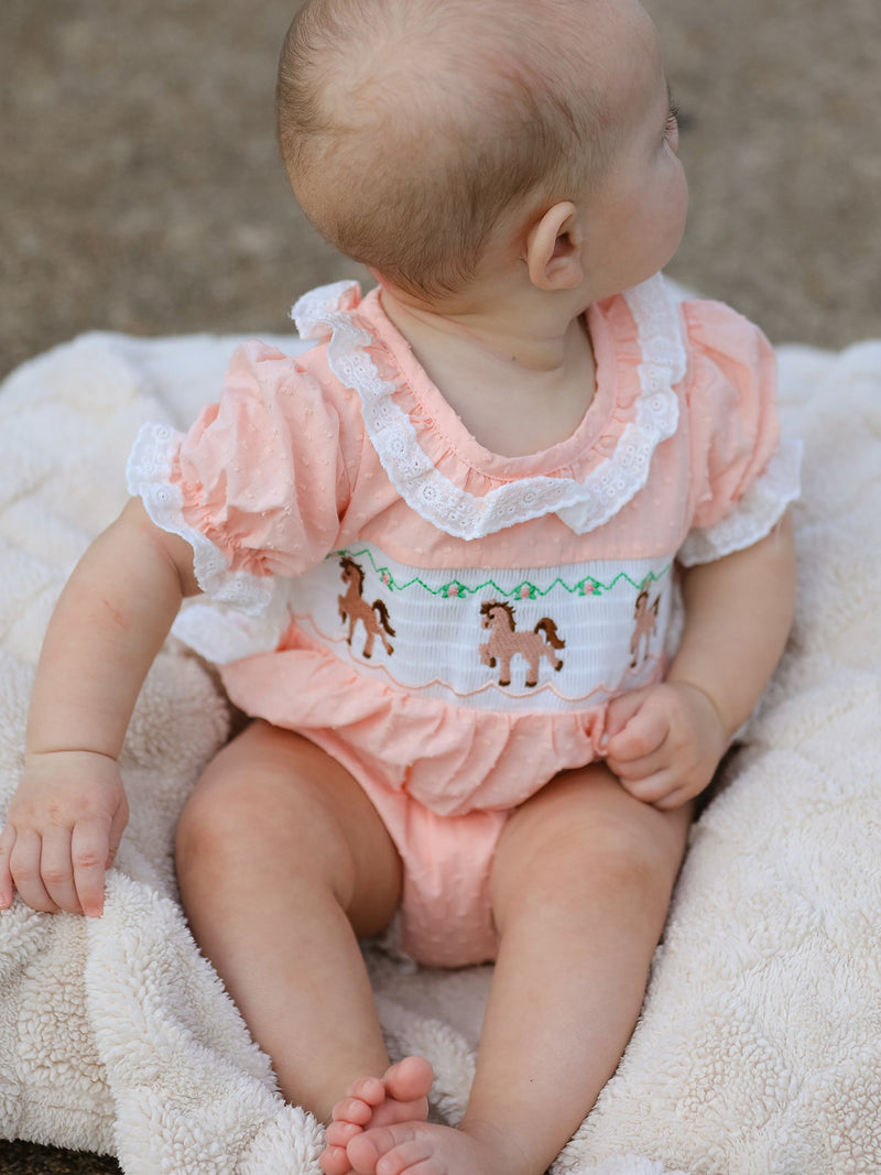 Western Horse Embroidery Girls Romper Lace Petals Collar Puff Sleeve - 2