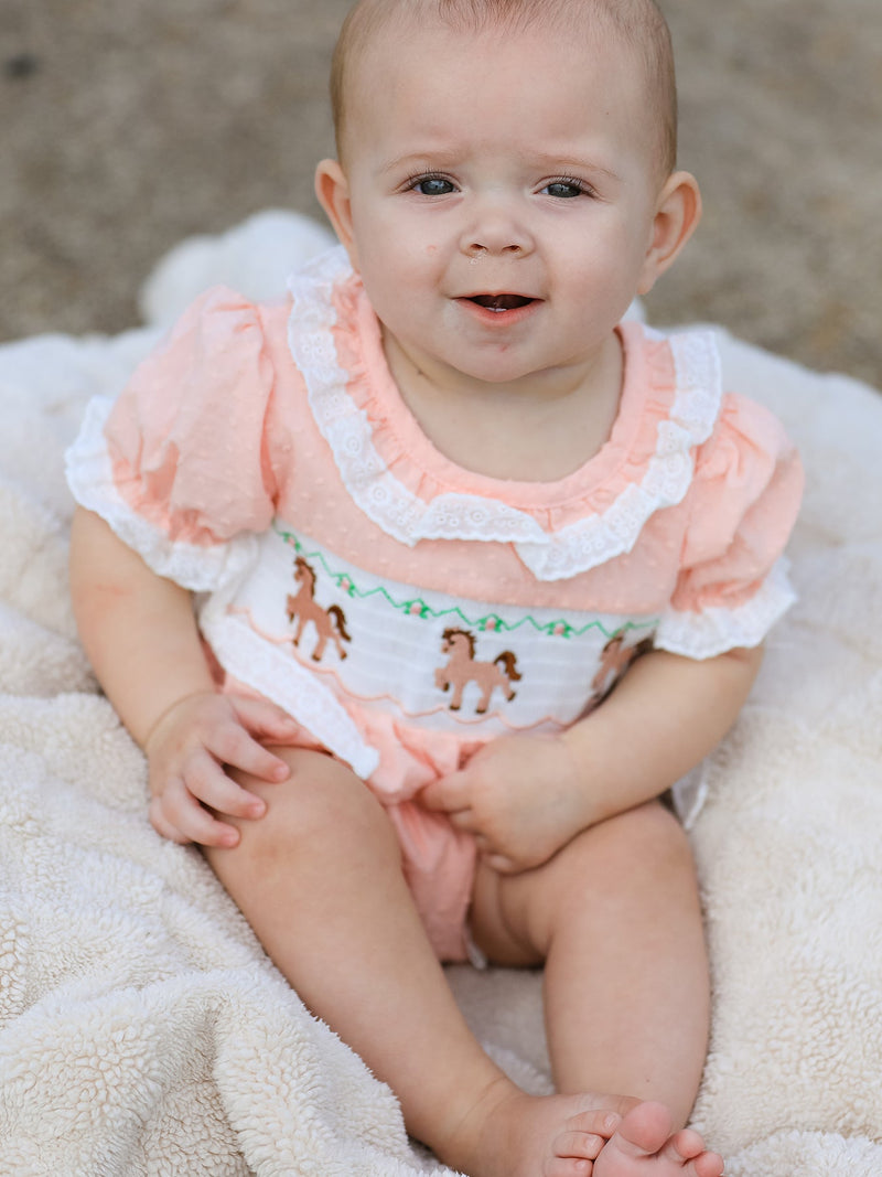 Western Horse Embroidery Girls Romper Lace Petals Collar Puff Sleeve - 4