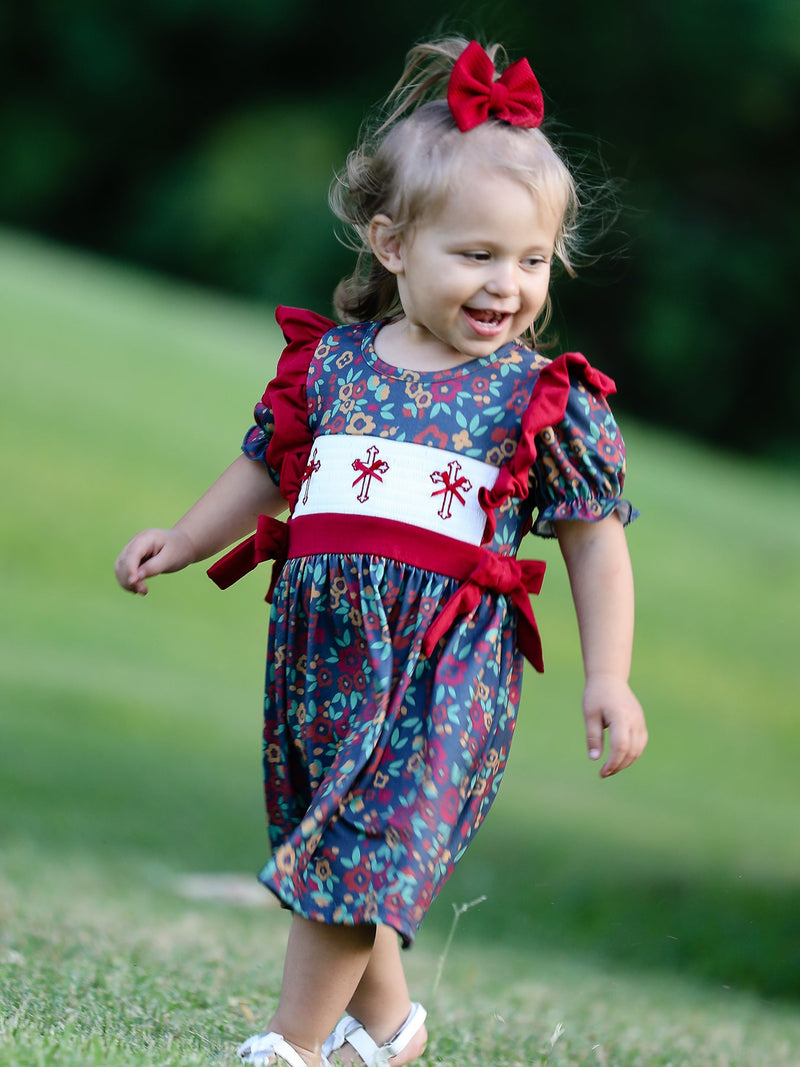 Vintage Floral Smocked Church Christ Bishop Christening Girl Dress - 3