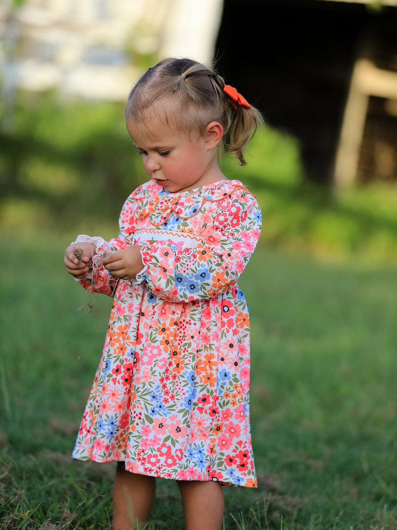 Fall Halloween & Thanksgiving Pumpkin Bow Smock Embroidered Floral Dress - 4