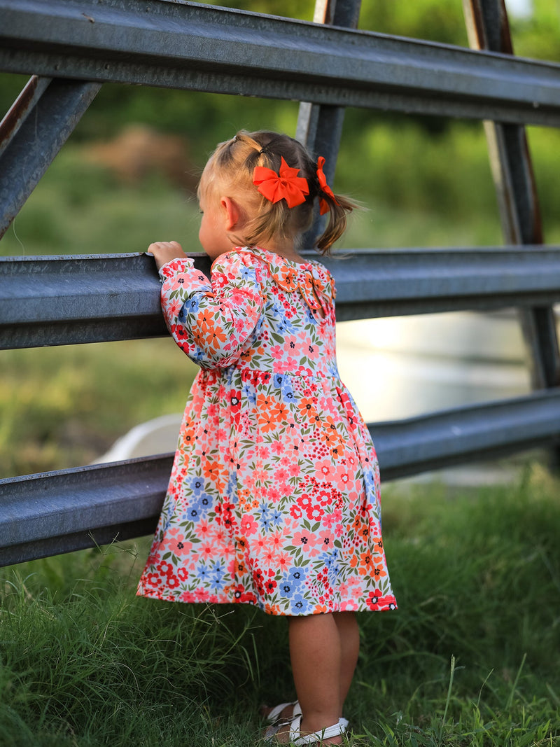 Fall Halloween & Thanksgiving Pumpkin Bow Smock Embroidered Floral Dress - 3