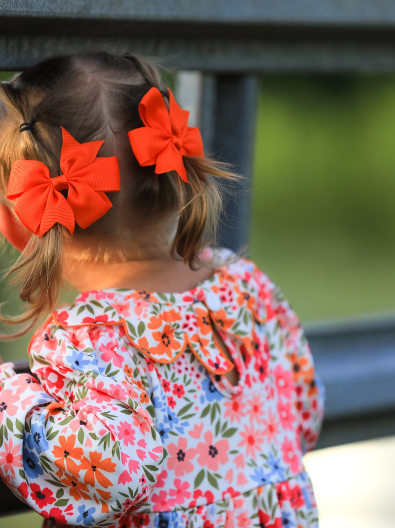 Fall Halloween & Thanksgiving Pumpkin Bow Smock Embroidered Floral Dress - 2