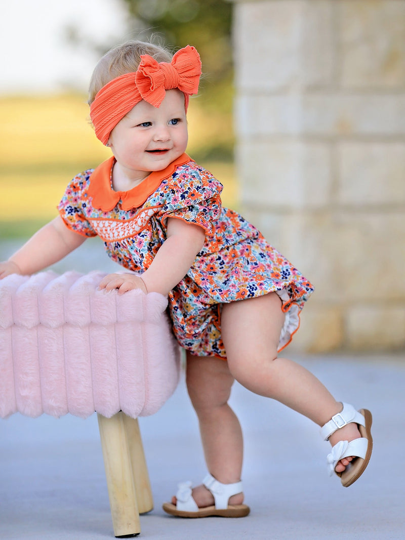 Fall Floral Smocked Petals Collar Girls Bubble Romper - 5
