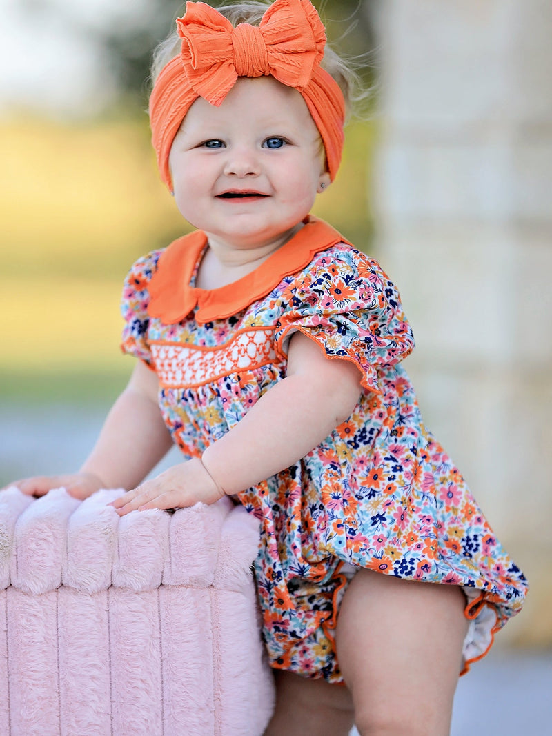 Fall Floral Smocked Petals Collar Girls Bubble Romper - 2