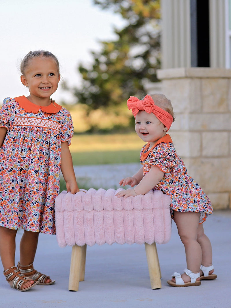 Fall Floral Smocked Petals Collar Girls Bubble Romper - 14