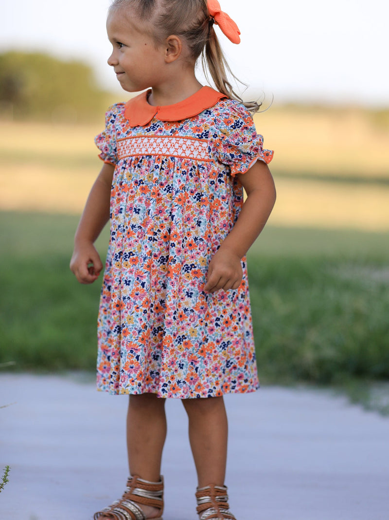 Fall Floral Smocked Petals Collar Girls Dress - 2