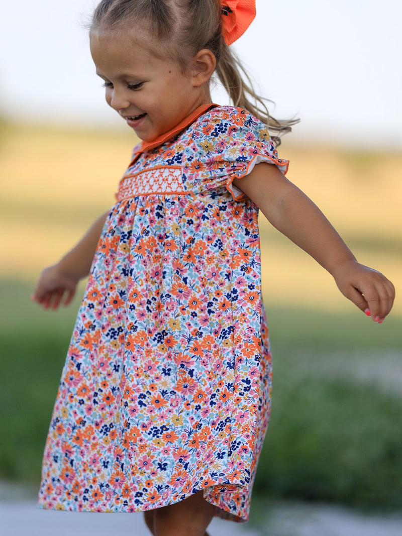 Fall Floral Smocked Petals Collar Girls Dress - 3