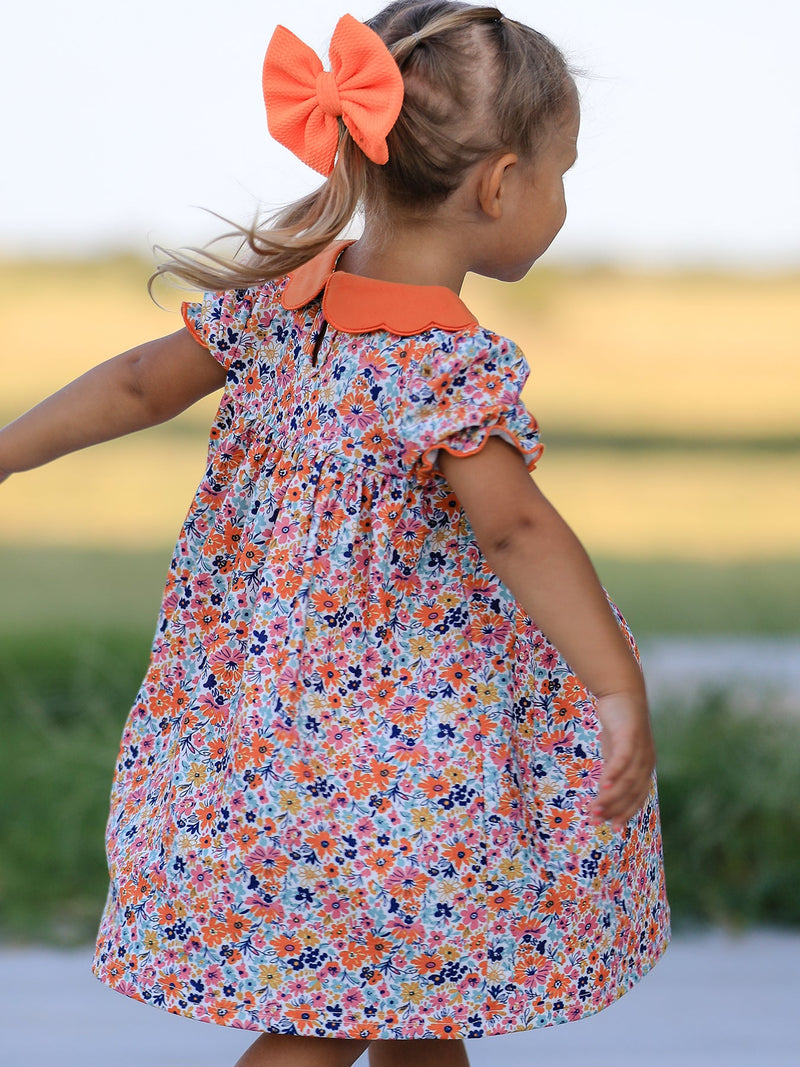 Fall Floral Smocked Petals Collar Girls Dress - 4