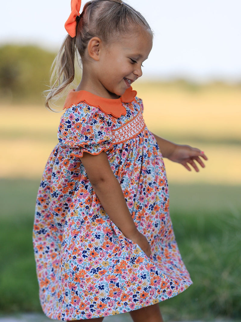 Fall Floral Smocked Petals Collar Girls Dress - 5