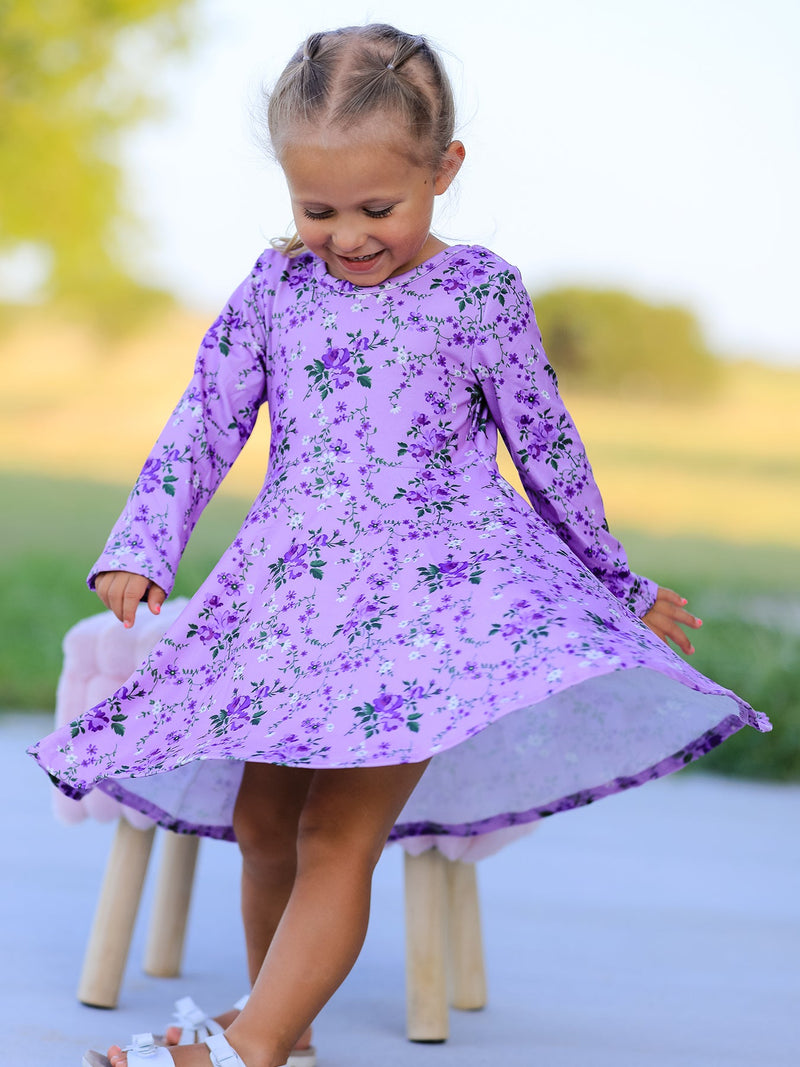 Fall Lavender Floral Print Girls Long Sleeve Twirl Dress - 1