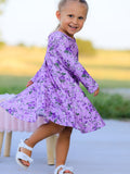 Fall Lavender Floral Print Girls Long Sleeve Twirl Dress - 4