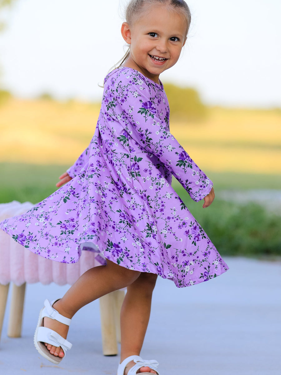 Fall Lavender Floral Print Girls Long Sleeve Twirl Dress
