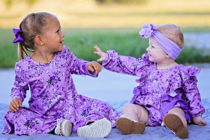 Fall Lavender Floral Print Girls Long Sleeve Twirl Dress - 6