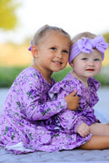 Fall Lavender Floral Print Girls Long Sleeve Twirl Dress - 7