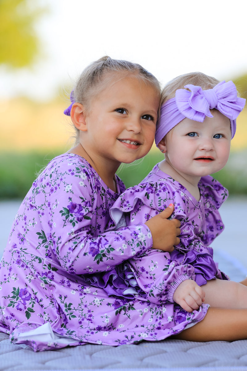 Fall Lavender Floral Print Girls Long Sleeve Twirl Dress - 7
