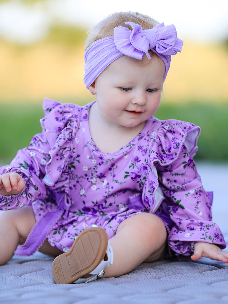 Fall Lavender Floral Print Girls Long Sleeve Romper - 1