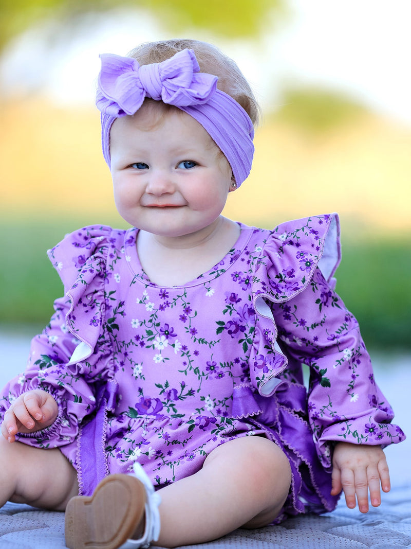 Fall Lavender Floral Print Girls Long Sleeve Romper - 3