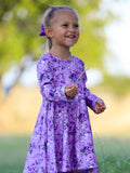 Fall Lavender Floral Print Girls Long Sleeve Twirl Dress - 3