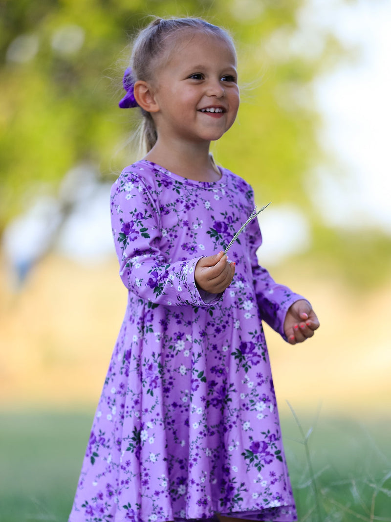 Fall Lavender Floral Print Girls Long Sleeve Twirl Dress - 3