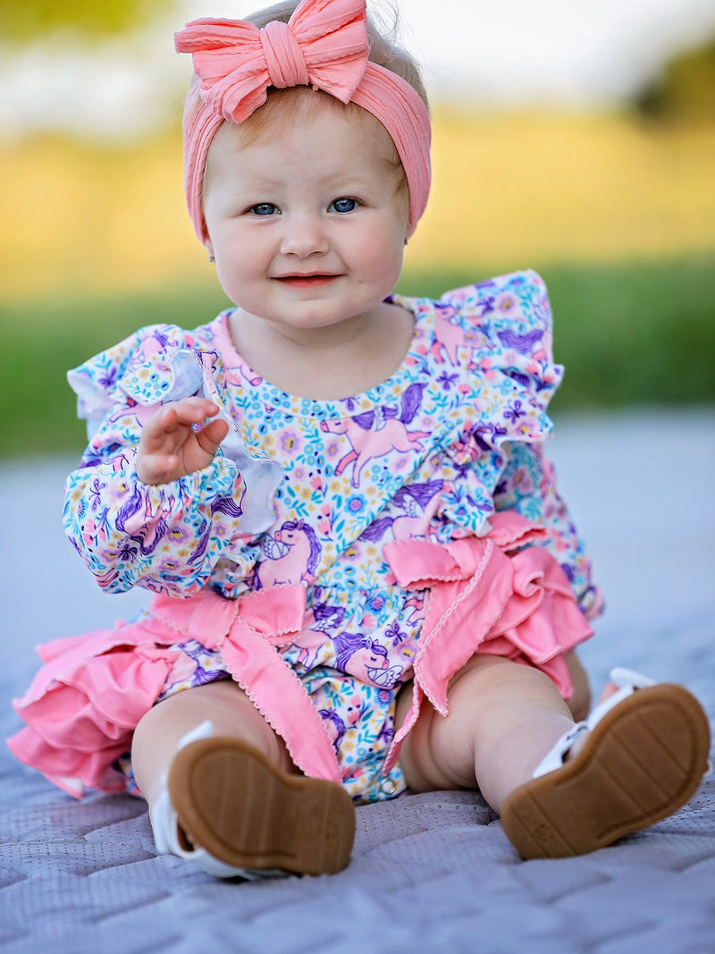 Unicorn Floral Print Girls Long Sleeve Romper - 6