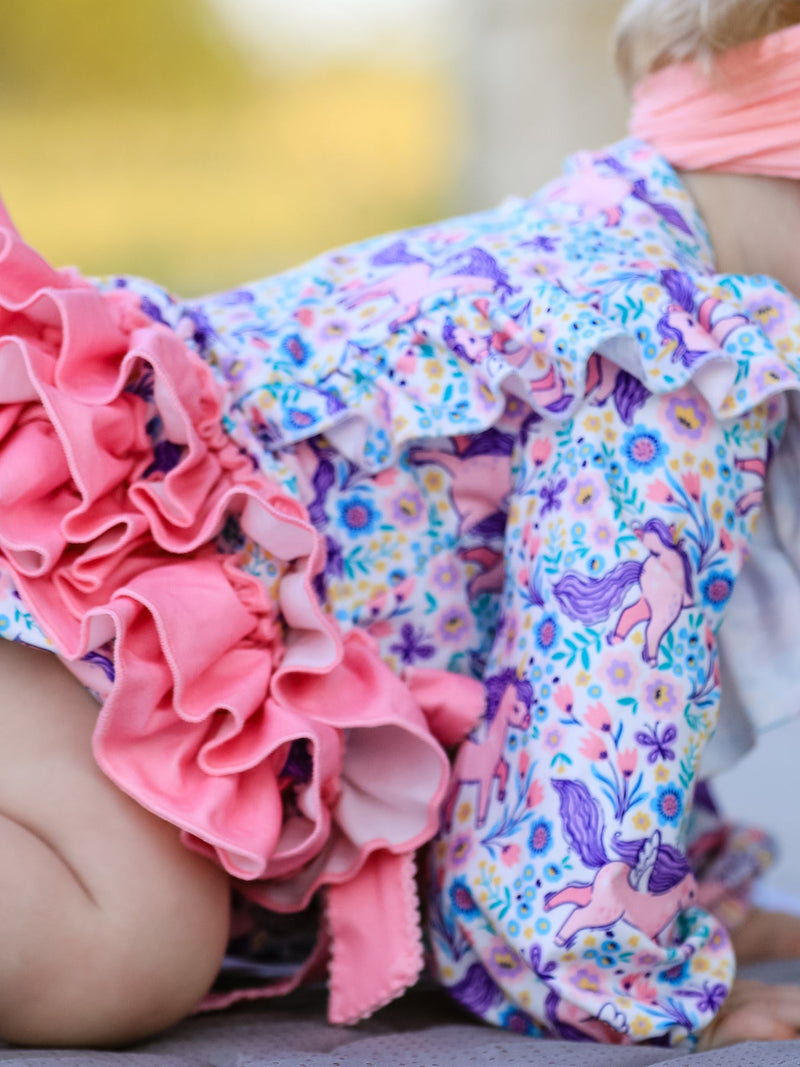 Unicorn Floral Print Girls Long Sleeve Romper - 4