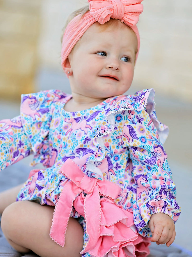 Unicorn Floral Print Girls Long Sleeve Romper - 3