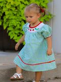 Back To School Girls Green Plaid Smocking Dress - 1