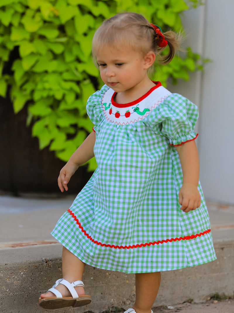 Back To School Girls Green Plaid Smocking Dress - 1