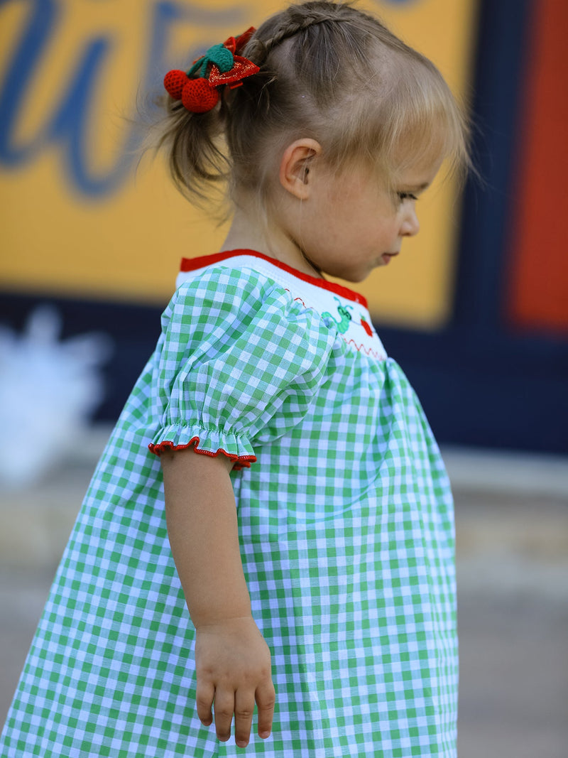 Back To School Girls Green Plaid Smocking Dress - 2