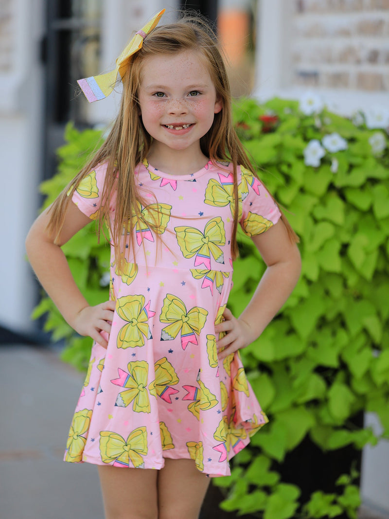Back to School Yellow Bow Print Girls Dress - 4
