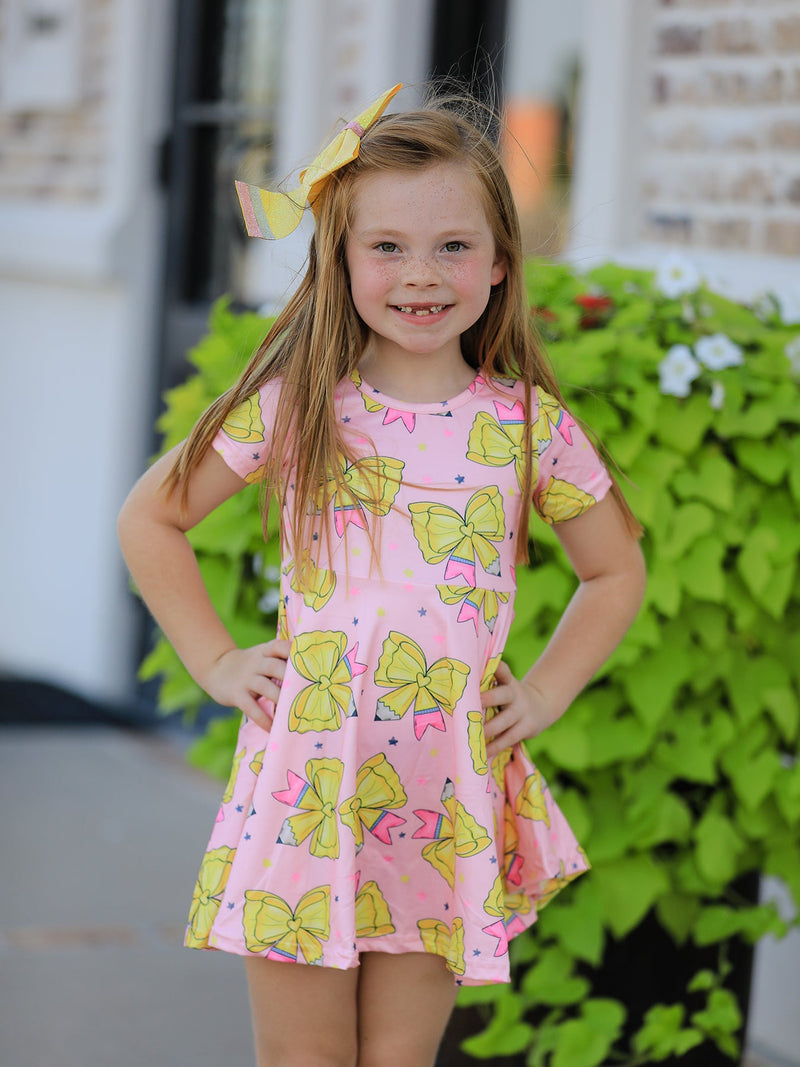 Back to School Yellow Bow Print Girls Dress - 3
