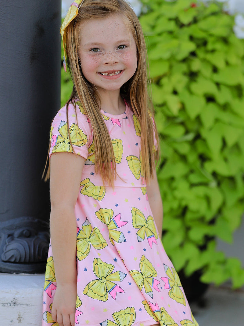 Back to School Yellow Bow Print Girls Dress - 5