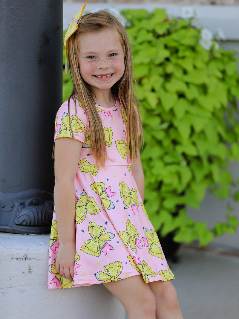 Back to School Yellow Bow Print Girls Dress - 7