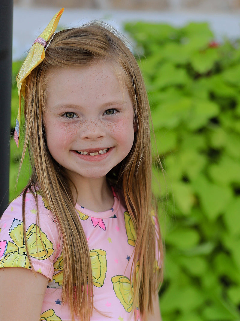 Back to School Yellow Bow Print Girls Dress - 6
