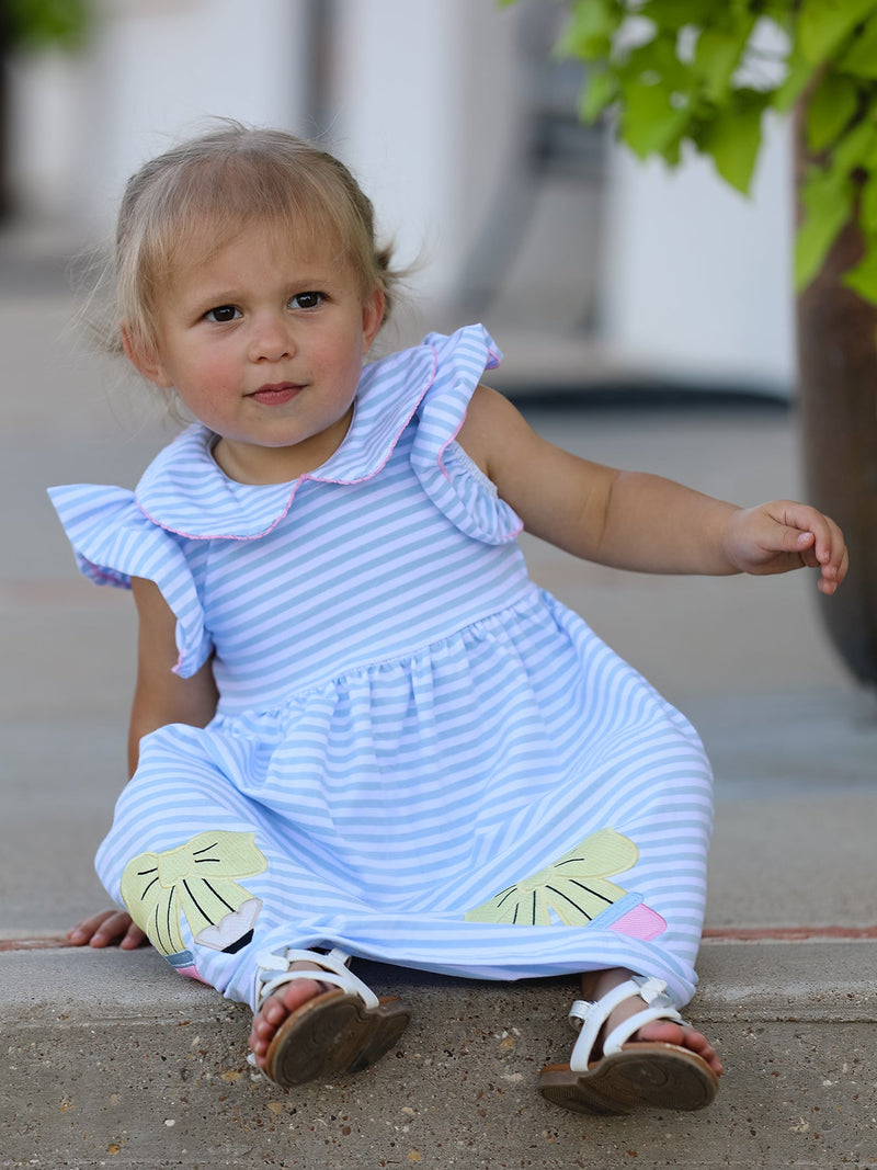 Back To School Girls Stripe Pencil Applique Bow Dress - 3
