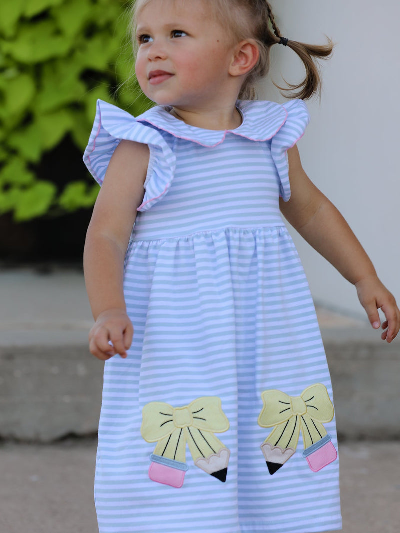 Back To School Girls Stripe Pencil Applique Bow Dress - 2