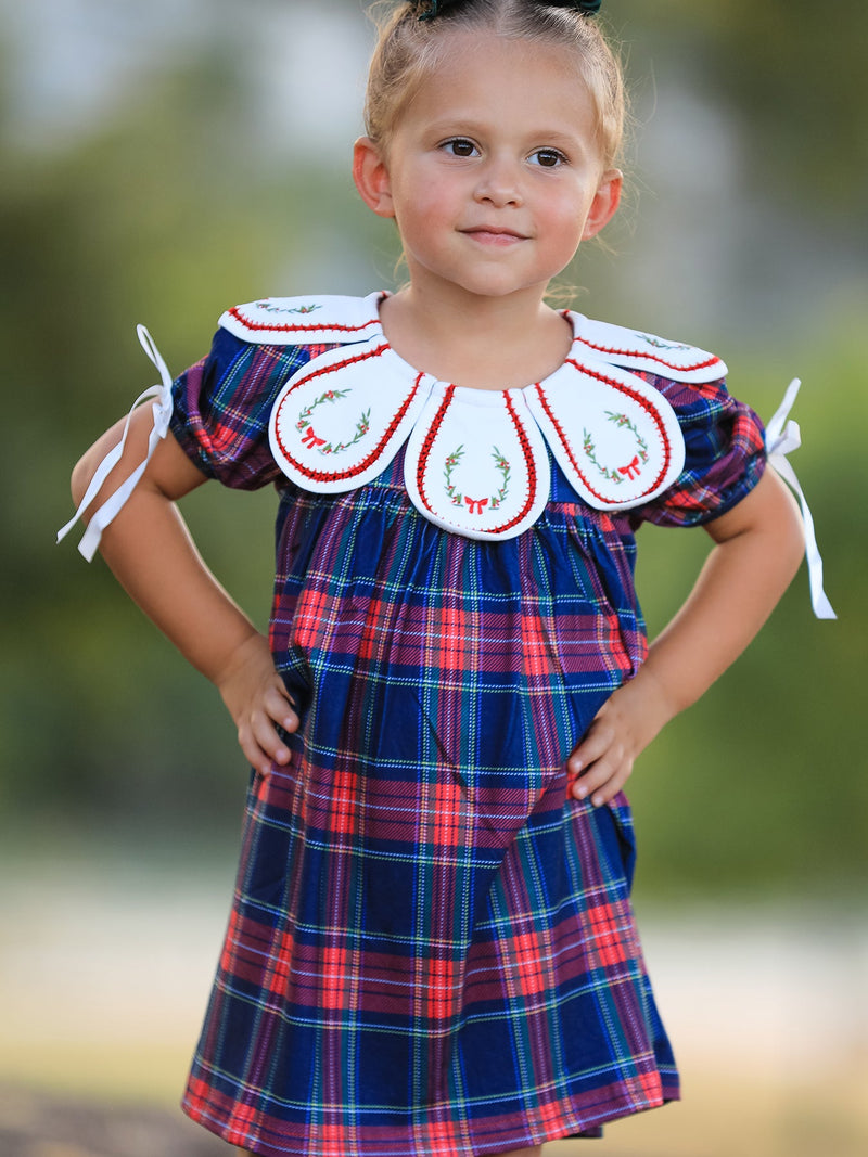 Navy Red Christmas Plaid Wreath Embroidered Girl Dress - 1